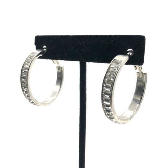 Hoops w/ Baguettes Crystals in Silver Plated - Picture 1 of 3